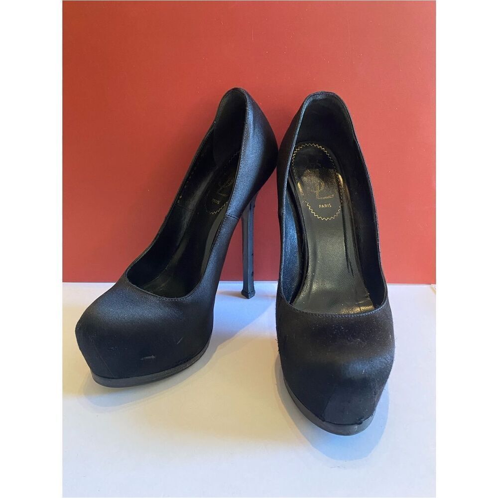 Yves Saint Laurent Black Satin Tribtoo 80 Heels Size 36.5